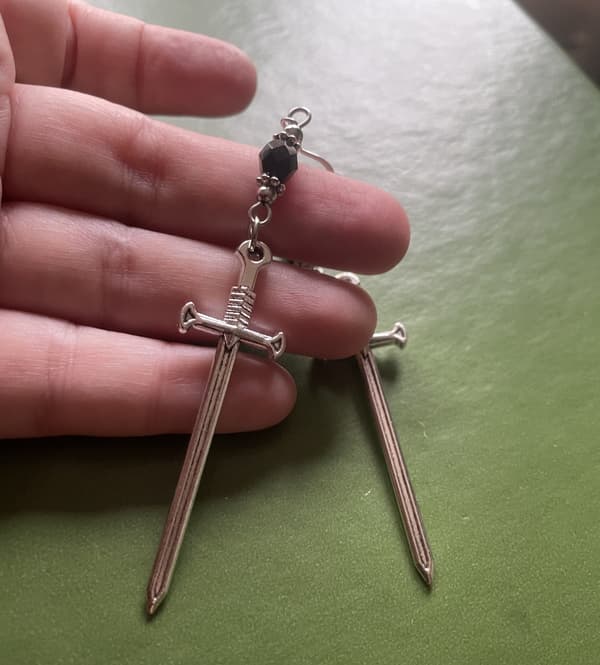 Earrings - Sword  - Bead - Black Silver