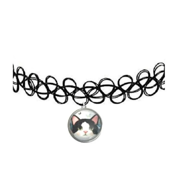 Choker Katt Tattoo Paw Djurälskare Svart Vit Green