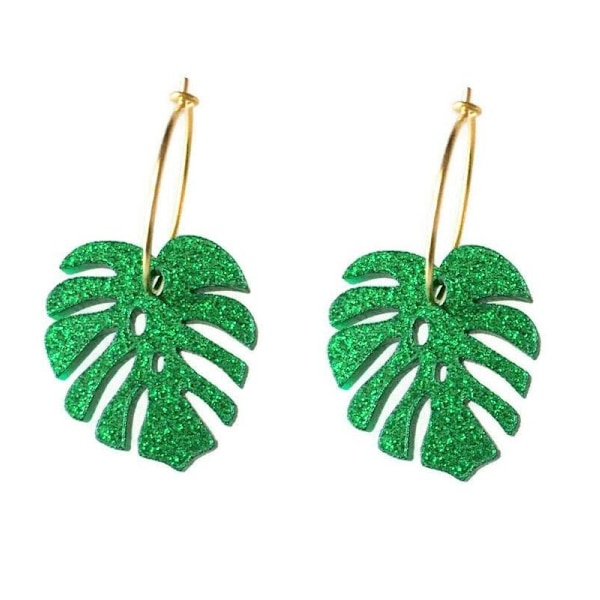 Earrings - Creoles - Monstera - Leaf - Green - Glitter - Gold Green