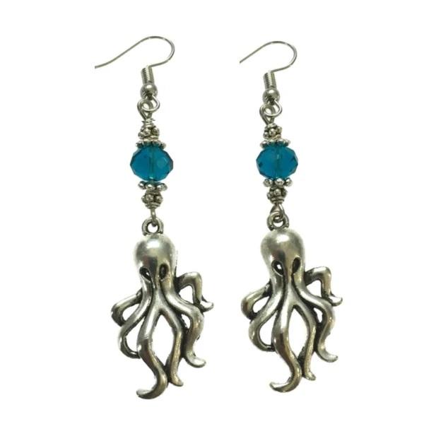 Earrings - Octopus - Kraken - Silver - Bead - Petrol Blue