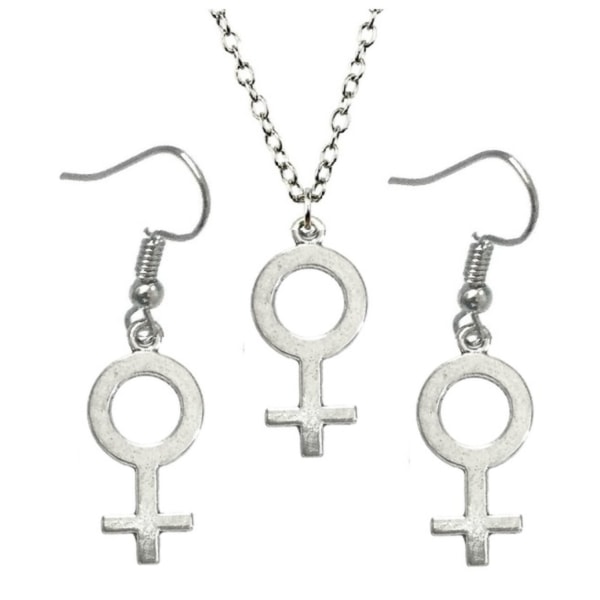 Set Örhängen Halsband Feminist Feminism Kvinnosymbol  3-delat Silver