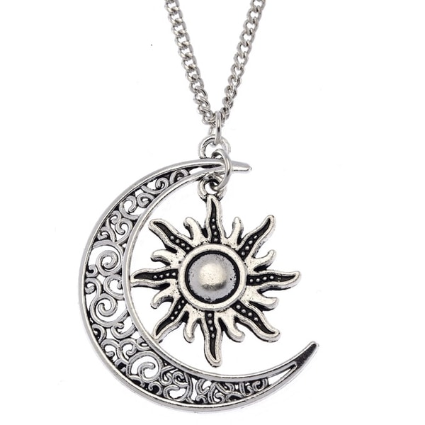 Halsband Sol Måne Boho Pagan Crescent Moon Silver