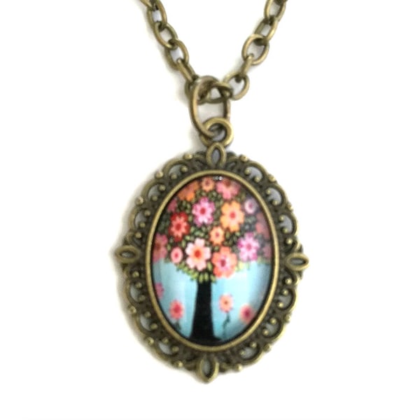 Halskæde Tree Of Life Symbol - Pink Flowers Bronze
