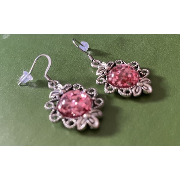 Örhängen Rosa glitter Gothic Viktoriansk Snirkel Rostfri Krok Pink