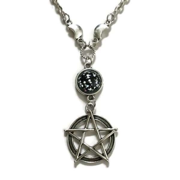 Kaulakoru Pentagram Moon - Wicca Pagan - Starry Sky Crescent 55/Pentagram/Svartglitter