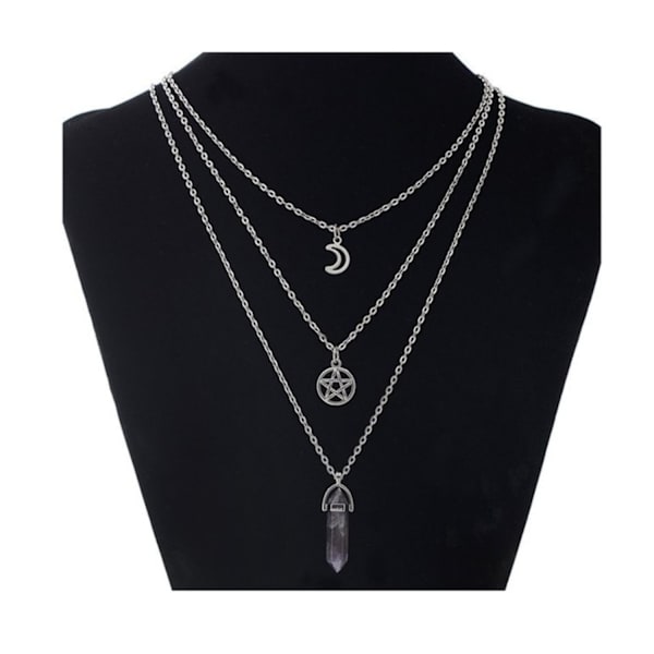 Halsband Ametist Pentagram Måne 3 i 1 Layered Wicca Rostfri Lila