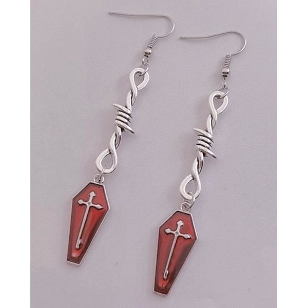 Earrings - Barbed Wire - Coffin - Red Silver
