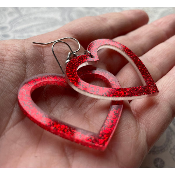 Earrings - Heart - Glitter Red