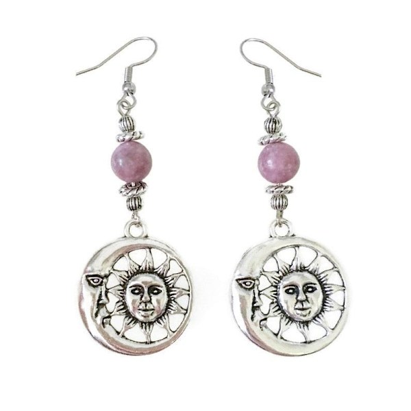 Earrings - Crescent Moon - Sun - Lepidolite Turquoise