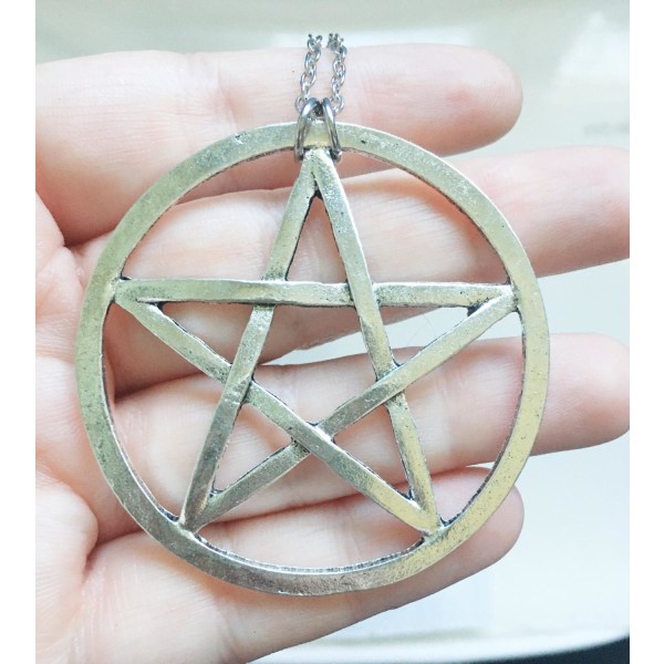 Halsband Pentagram XL Wicca Pagan Rostfri kedja 60 cm Silver