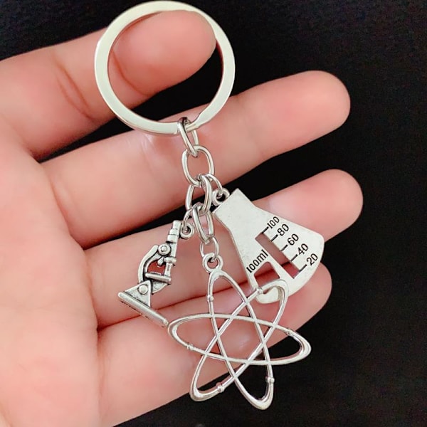 Keyring - Science - Microscope -Cylinder - Atom Silver