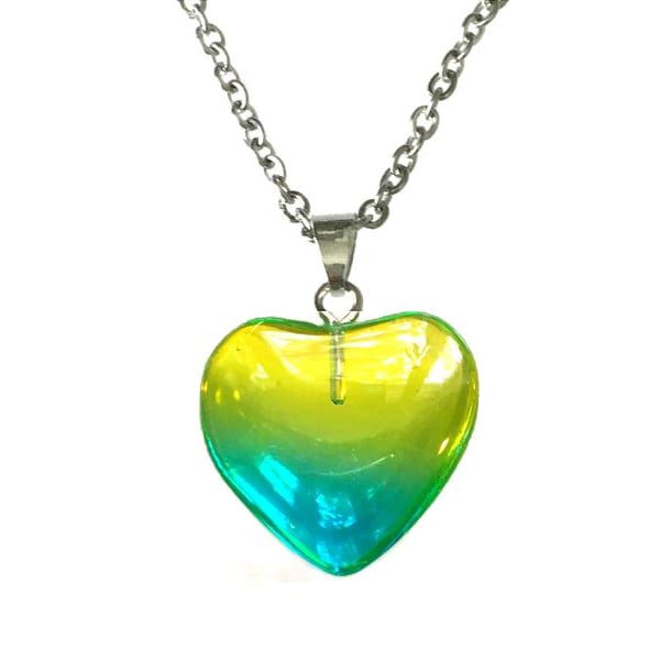 Necklace - Heart - Yellow/Green - Glass - Stainless Multicolor