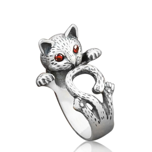Ring Cat Animal Lover Cat Cat Lover Kitten Red Eyes säädettävä Silver