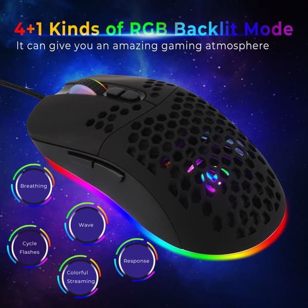 Kablet USB-C RGB Makro 6-knaps Screening Mus til Esports Gaming, USB Version, Sort
