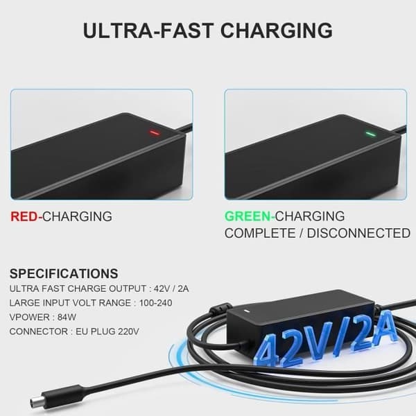 El-løbehjuloplader - 42V 2A - Kompatibel med 36V Lithium - Universal - Gul