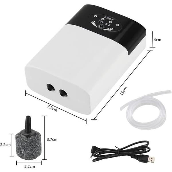 Akvarie-luftpump - Bärbar USB - Tyst - Flödeshastighet 2-3 L/min - 2 luftutlopp