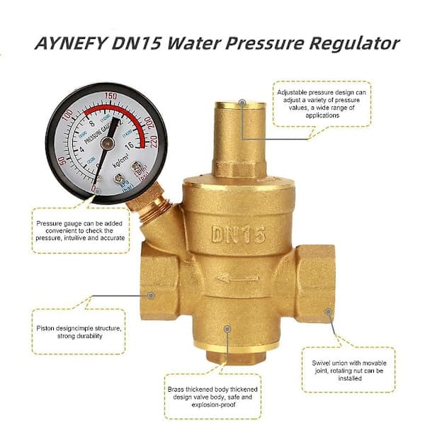 Vandtryksventil - Messing Dn15 Justerbar Vandtryksregulator Med Manometer