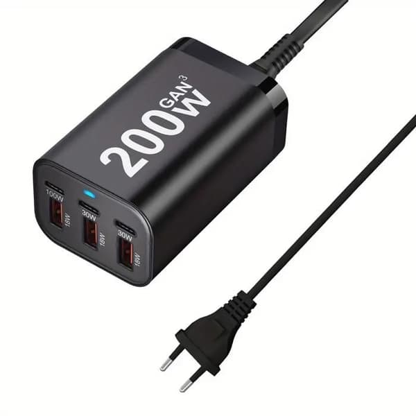 200W 6-ports hurtig USB-C oplader - GaN strømadapter til iPhone 14/13/12, Galaxy S23/S22/S21, sort