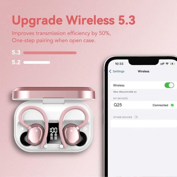 Q25 TWS Sport Bluetooth-øretelefoner, digitalt display, støjreduktion, smart Bluetooth, rosaguld