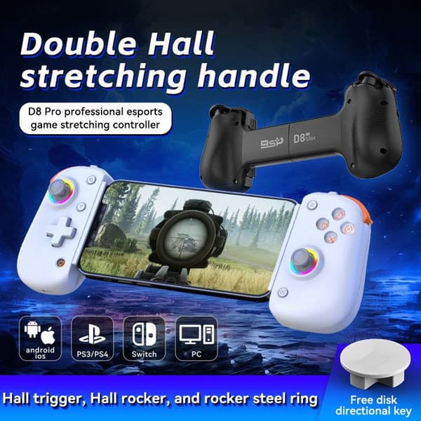 Udtrækkelig D8Pro mobiltelefon gamepad, dobbelt hall, til tablet PC, kablet, BluOmbre sort