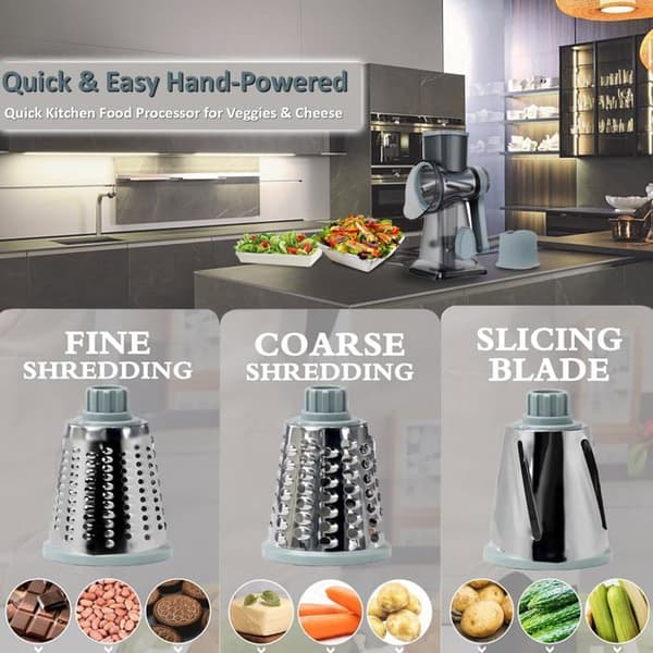 Roterende ostehøvel for grønnsaker, manuell matkutter, grønnsakskutter - Rivjern med håndtak (grå)