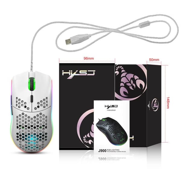 J900-6400 DPI Gaming Mus, Hvid, Perforeret Design, RGB Baggrundsbelysning, Makroprogrammering, 6 Knapper med Indikatorlys