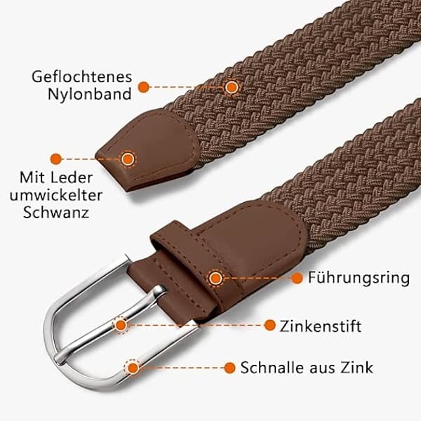 Herrbälte, elastiskt flätat bälte Unisex Herr Dam Flätat elastiskt stretchvävt bälte 33mm (1.25\"), Längd 42\" (107cm) Passar midja 33\"-36\", Flera Brown