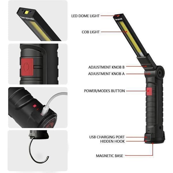 2 STK Arbeidslys, Oppladbart COB Ultrasterkt LED Arbeidslys med Magnetisk Base, 5 Moduser, for Garasje, Camping