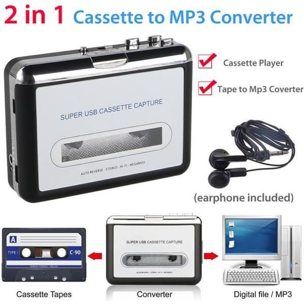 USB-kasettikaappari - Musta - Windows-yhteensopiva - MP3 - Kompakti