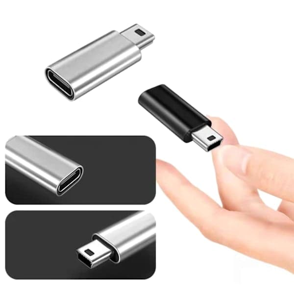USB C - Mini USB -sovitin, Type C naaras - Mini USB uros -muunninliitin, hopeanharmaa