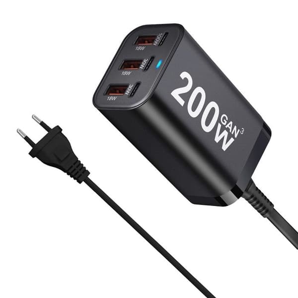200W 6-ports hurtig USB-C oplader - GaN strømadapter til iPhone 14/13/12, Galaxy S23/S22/S21, sort