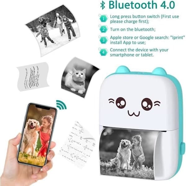 Fotoprinter, bærbar termisk skriver, mini Bluetooth lommeskriver med 13 ruller termisk papir