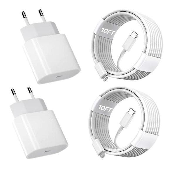 iPhone 11 12 13 14 Snabbladdare, 2-pack 20W iPhone Snabbladdningsblockadapter med 3m USB-C till Lightning Data Sync Laddningskabel