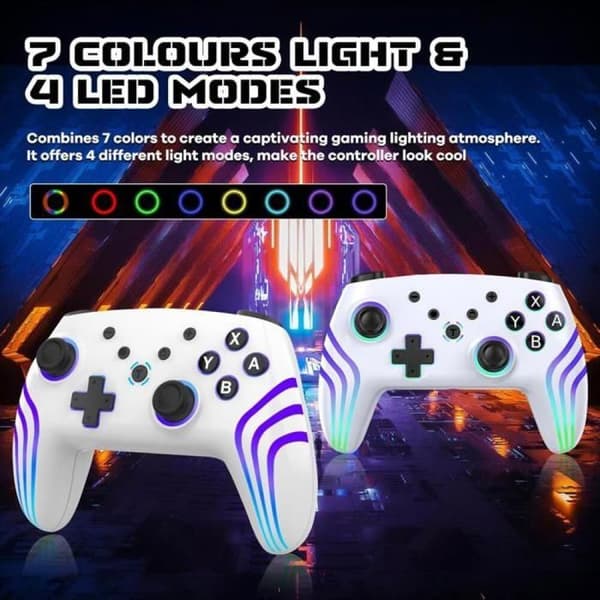 Pro trådløs controller til Switch/Switch 2/Lite/OLED/PC, controller med 7 skiftende RGB-belysningsfarver/dobbelt vibration (L038)