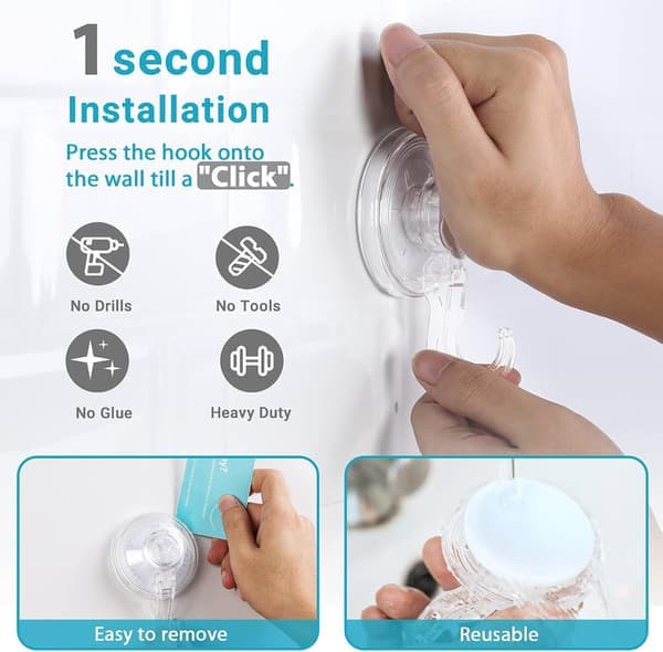 2-pack transparenta vattentäta sugkoppskrokar, max 5 kg, badrumshängare för luffasvampar, kransar, väskor, badrockar 2pcs