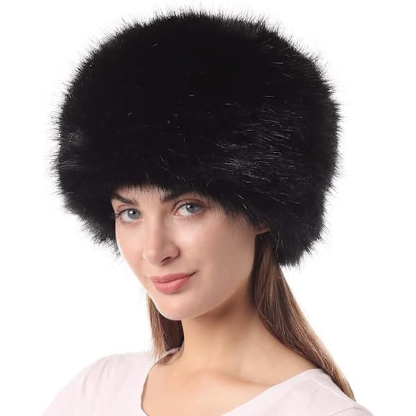 Fuskpälsmössa för damer för vintern med stretch Cossack rysk stil vit varm mössa svart black
