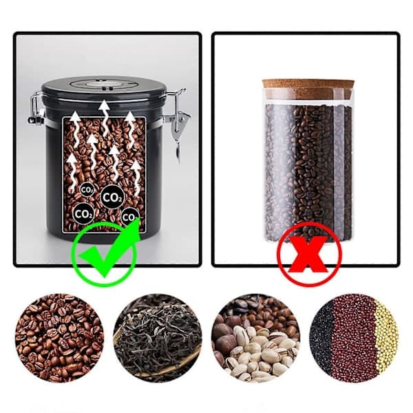 Kaffedåse i rustfrit stål til køkkenet med datatracker og ske til malet kaffe, forseglet dåse