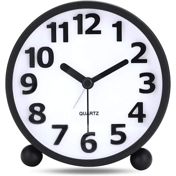 Tyst Analog Alarmklocka, Svart Metall Stora 3D-Siffror, Snooze