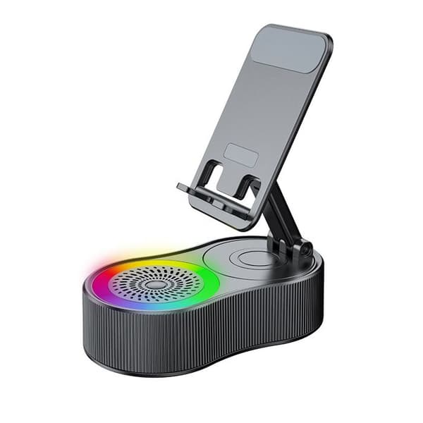 Bluetooth-høyttalerstativ, sammenleggbart telefonladerstativ, mini bærbar stereo omgivelseslys, 360° rotasjon (B)