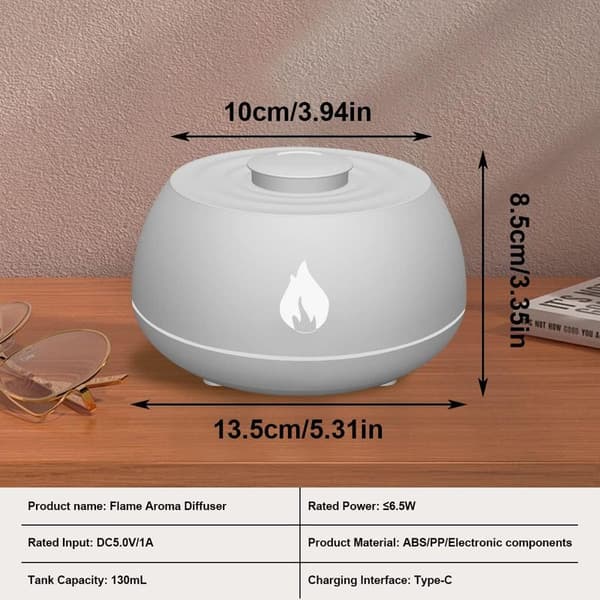 130 ml æterisk oliediffuser med flammeeffekt – 25 dB lydløs luftfugter – Automatisk slukning, når vandet løber tør – Til spa-/yogarum
