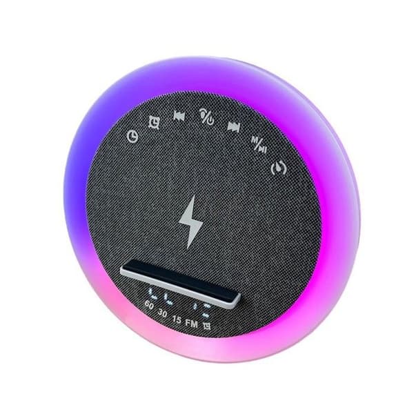 Rund hvid Bluetooth-højttaler med trådløs opladning, timer til hvid støj, vækkeur, kortlæser og mini-encoder