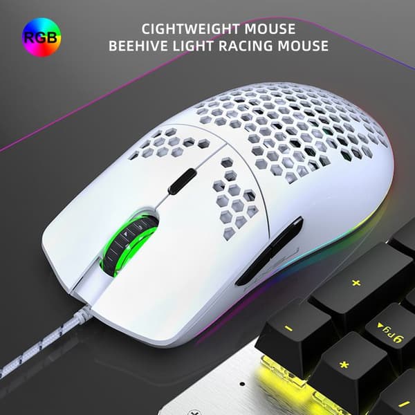 J900-6400 DPI Gaming Mus, Hvid, Perforeret Design, RGB Baggrundsbelysning, Makroprogrammering, 6 Knapper med Indikatorlys