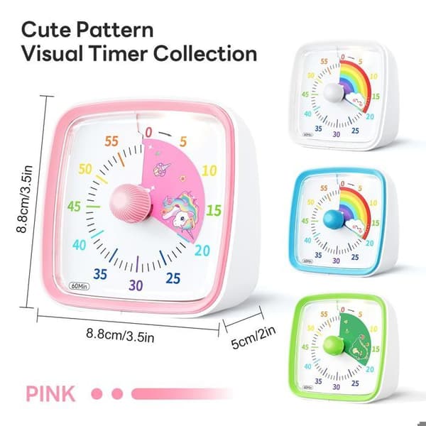 Visuell timer for barn, 60-minutters nedtelling med stille blits, egnet for klasserom (rosa)