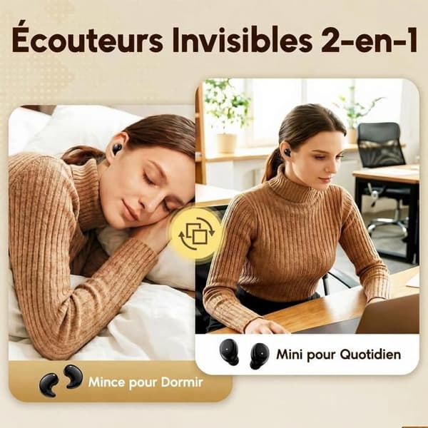 Diskrete in-ear hovedtelefoner til at sove på siden, 2-i-1 mini trådløse Bluetooth-øretelefoner til at sove - Sort