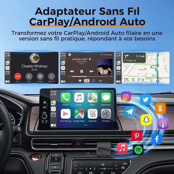 Trådløs adapter for CarPlay og Android Auto, Bluetooth 5.1, Mini 2-i-1 design, Kompatibel med iOS 10+ og Android 11+