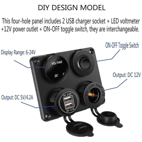 4-i-1 Bilopladerkontaktpanel, Dobbelt USB-opladerfunktion + LED Voltmeter + Tænd/Sluk Vippekontakt + Cigartænderstik til Marinebåde