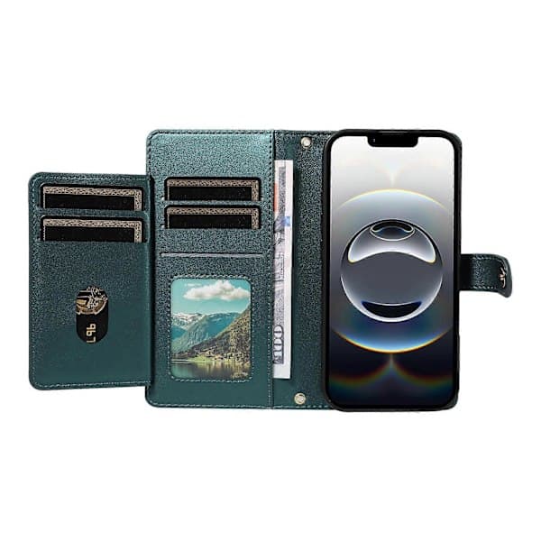 Kompatibelt plånboksfodral med remmar för iPhone 16e, Rumble-format telefonfodral i läder med stativ DarkGreen