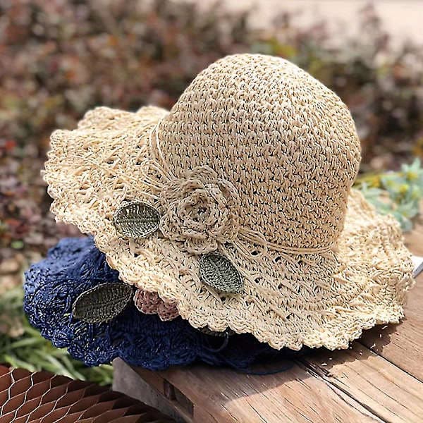 Elegant hæklet stråhat med flæsedetaljer, sommerstrandhat til kvinder Navy blue m
