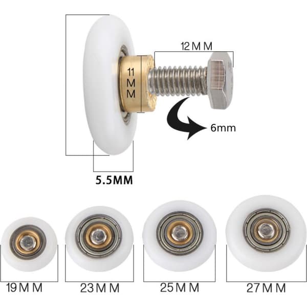 Sæt med 4 udskiftningsruller til skydedøre – Diameter 23 mm – Glat leje for flydende bevægelse – Kompatibel med forskellige systemer