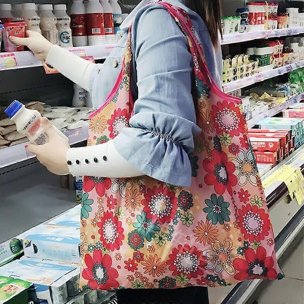 Dww-Sæt med 1 stor foldbar håndtaske (lyserøde blomster)